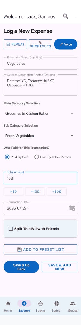 The Expense tab with fields for item name, amount, category and subcategory, and a Save Expense button.
