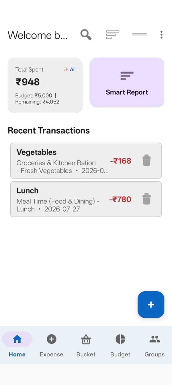 The Zebal home screen showing total spent, budget remaining, a Smart Report button and a list of recent transactions.