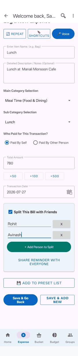 The expense form filled in with an item name, amount and selected category.