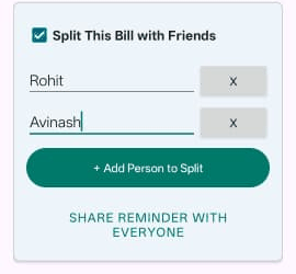 The split options dialog listing Split Evenly, Split by Amount, Split by Share and Split by Percentage.
