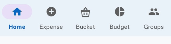 The bottom of the Zebal screen showing five tabs: Home, Expense, Bucket, Budget and Groups.