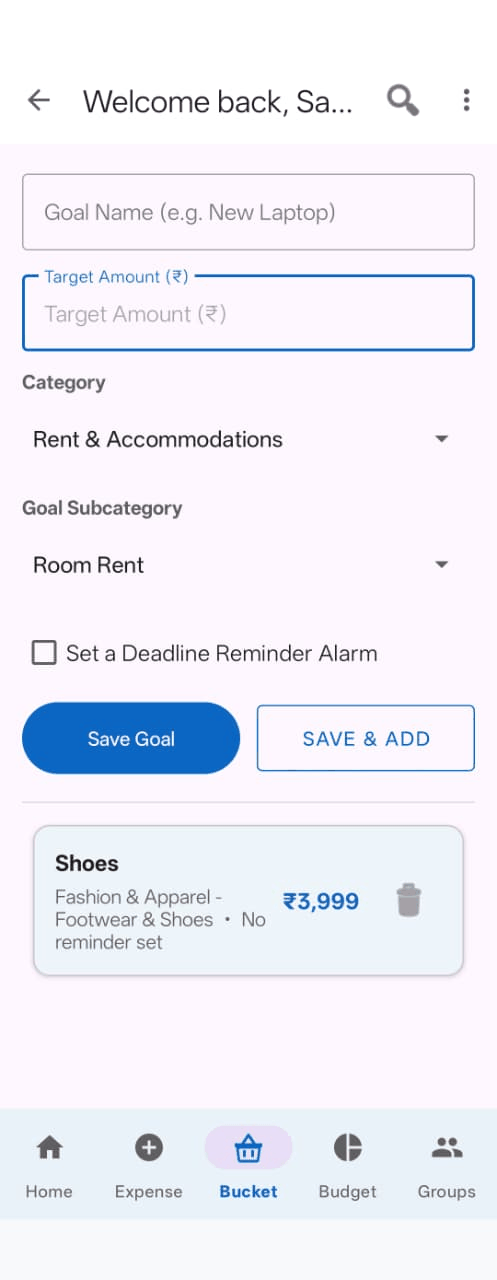 The Bucket tab with a goal name, target amount and category, above a list of saved goals.